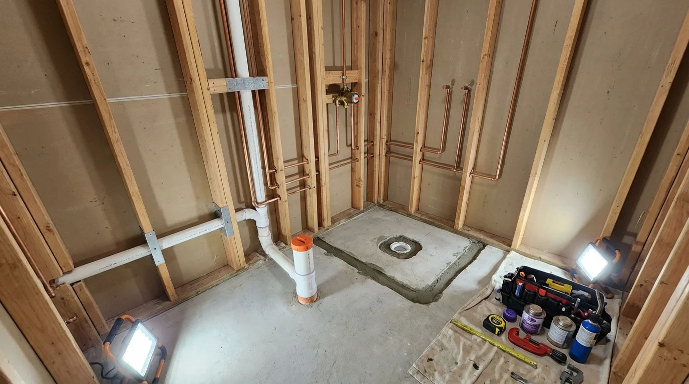 Bathroom rough-in plumbing during remodel by Johns Plumbing LLC in Naples