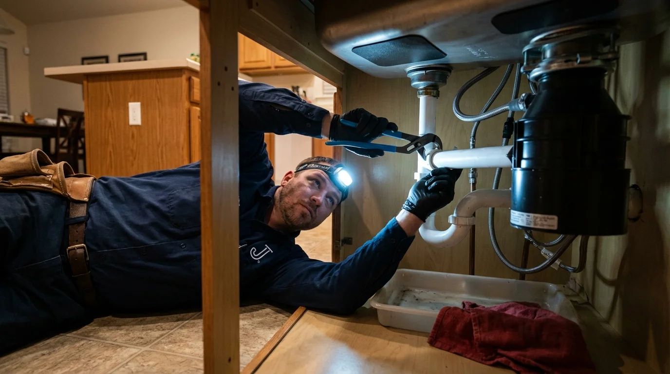 P-trap and supply line connections under a kitchen sink showing a common leak point in Naples, TX